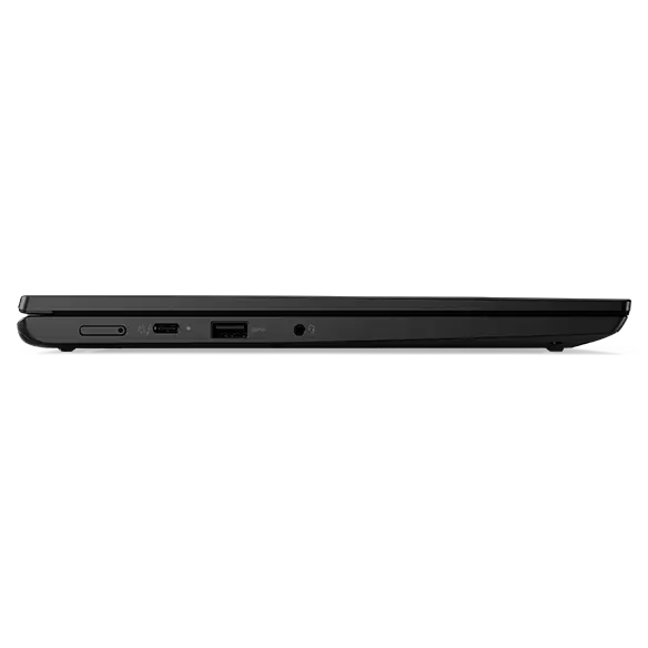 Vista de perfil del lateral izquierdo del portátil 2-en-1 Lenovo ThinkPad L13 Yoga de 4.ª generación cerrado.