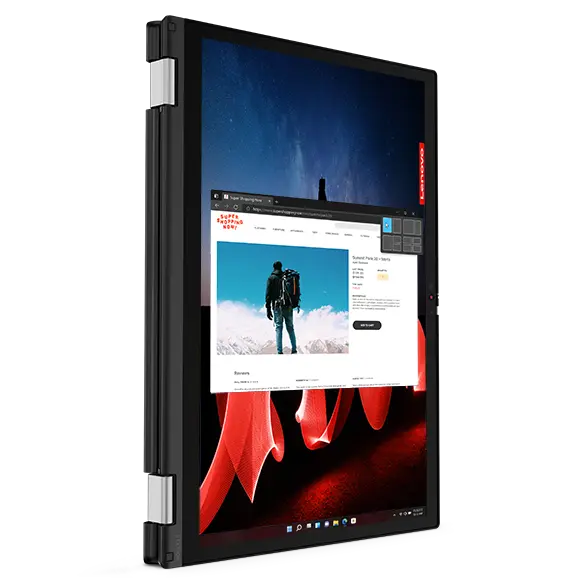 Vista del portátil 2-en-1 Lenovo ThinkPad L13 Yoga de 4.ª generación plegado sobre sí mismo en modo tablet, colocado verticalmente.