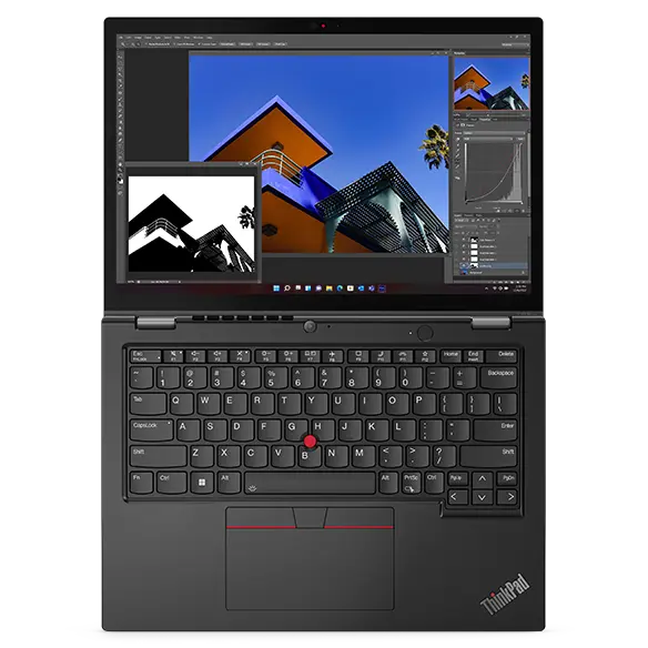 Overhead shot of the Lenovo ThinkPad L13 Yoga Gen 4 2-in-1 laptop open 180 degrees, showing both the keyboard & display.