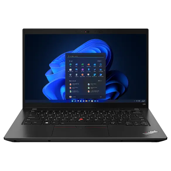 Lenovo ThinkPad L14 Gen 4 (14” AMD) laptop – front view, lid open with search window over blue wavy background