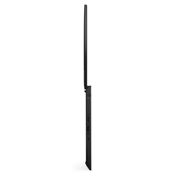 Vista del lateral izquierdo del portátil Lenovo ThinkPad L14 de 4.ª generación [35,56 cm (14”), Intel] con la tapa abierta en un ángulo de 180 grados, apoyado sobre su borde delantero
