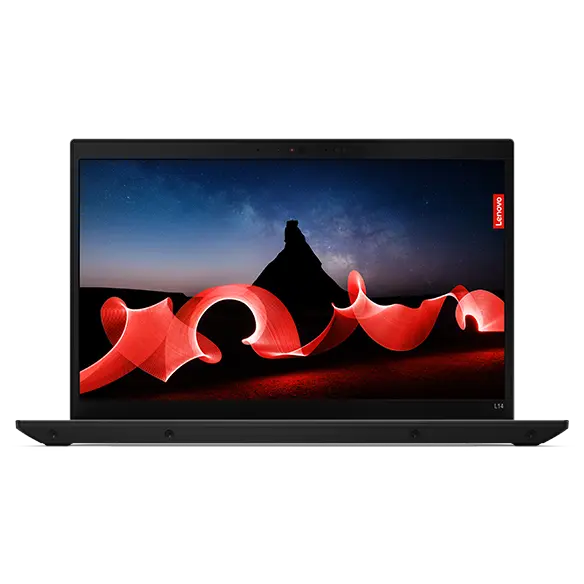 Vista frontal del portátil Lenovo ThinkPad L14 de 4.ª generación [35,56 cm (14”), Intel] con la tapa abierta y una imagen de salvapantallas que muestra un terreno desértico de noche con gráficos de movimiento de color rojo sobrepuestos