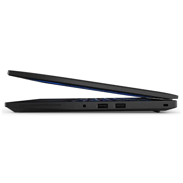 Aanzicht van de rechterzijde van de Lenovo ThinkPad L14 Gen 5-laptop, iets geopend.