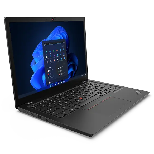 Front of Lenovo ThinkPad L13 Gen 5 laptop facing right.