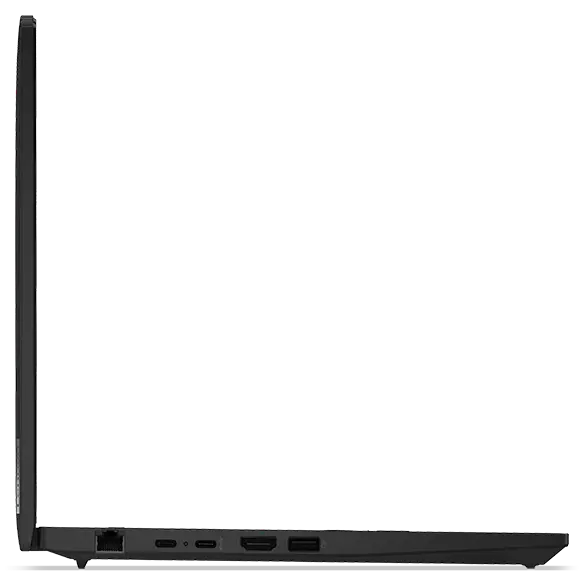 Aanzicht van de linkerzijde van de Lenovo ThinkPad L14 Gen 5-laptop, 90 graden geopend, met weergave van poorten