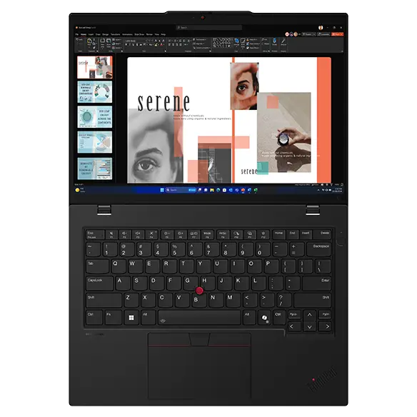 Aperçu de la face avant de l'ordinateur portable Lenovo ThinkPad L14 Gen 5, ouvert à 180 degrés, montrant l'écran et le clavier