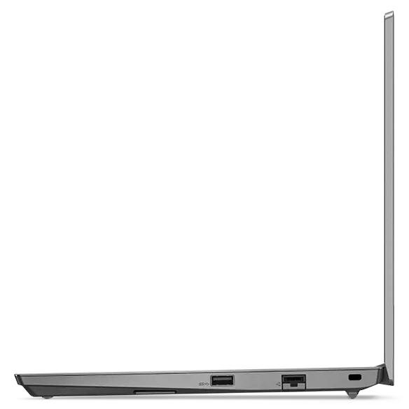 Right side profile of ThinkPad E14 Gen 4 business laptop, opened 90 degrees, showing ports and thin edge of display and keyboard