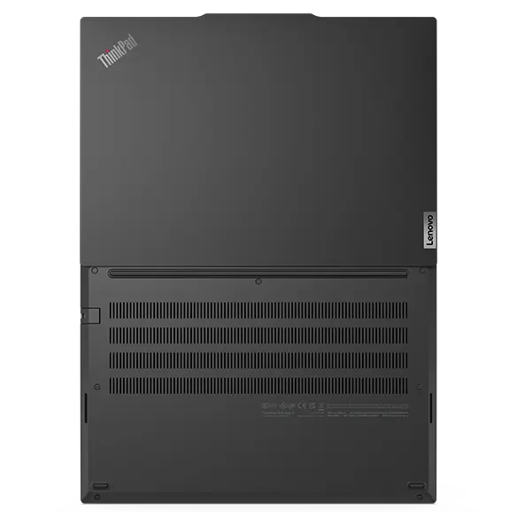 Overhead shot of Lenovo ThinkPad E14 Gen 4 (14” Intel) laptop, opened 180 degrees, laid flat, showing top and rear covers.