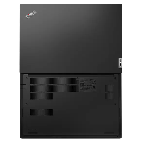 Aerial view of ThinkPad E14 Gen 4 business laptop, opened 180 degrees, flat, showing top and rear covers