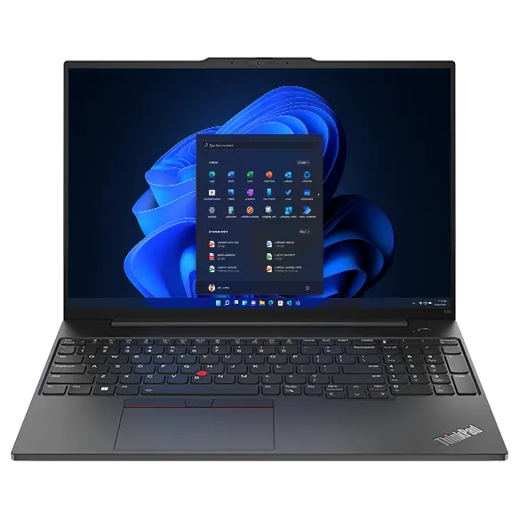 Lenovo ThinkPad E16 (16" Intel) laptop – front view, lid open, with Windows menu on the display