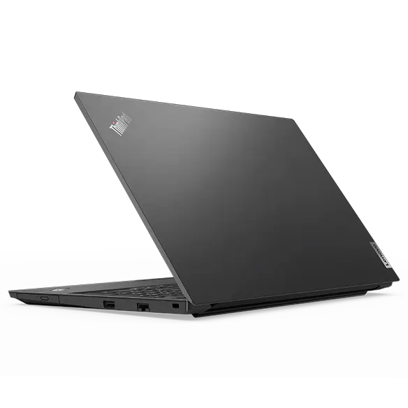 Rear, right-side view of ThinkPad E15 Gen 4 business laptop at an angle, opened 45 degrees in a V-shape, showing top cover and part of keyboard