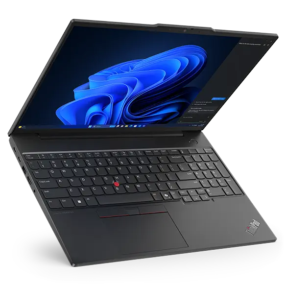 Lenovo ThinkPad E16 Gen 2 (16'' AMD) laptop — front view from the left and above, tilted forward, lid open, Windows menu on the display.