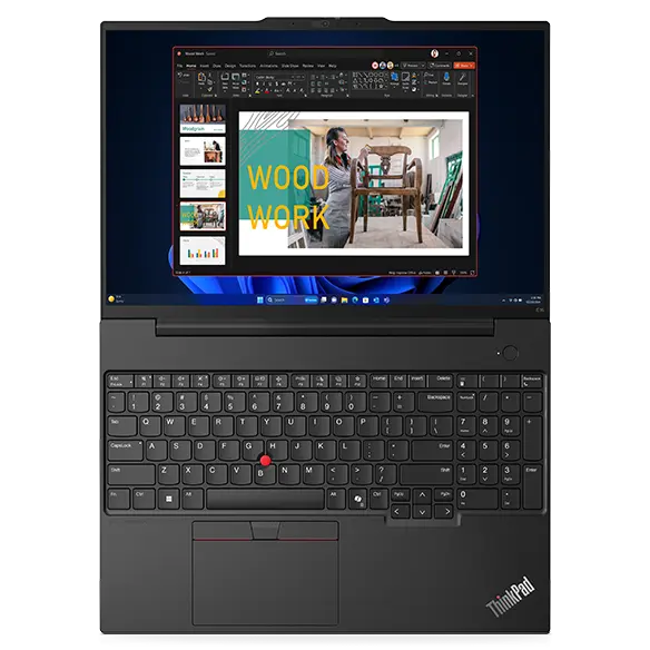 Lenovo ThinkPad E16 Gen 2 (16'' AMD) laptop — view from above, lid open all the way, lying flat, slide deck on the display.