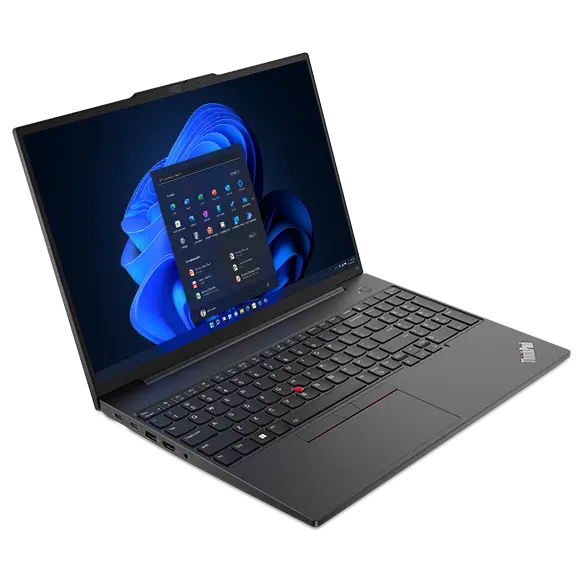Lenovo ThinkPad E16 (16″ Intel) laptop – front view from the left, lid open, with Windows menu on the display