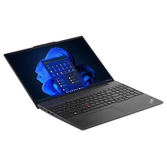 Lenovo ThinkPad E16 (16″ Intel) laptop – front view from the left, lid open wide, with Windows menu on the display
