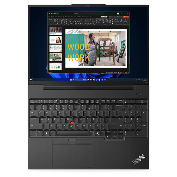 Overhead shot of Lenovo ThinkPad E16 Gen 2 (16'' Intel)  laptop, opened 180 degrees, laid flat, showing display  and keyboard.
