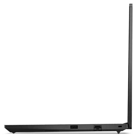 Vista lateral derecha del portátil Lenovo ThinkPad E14 Gen 6 (35,56 cm [14''] Intel) abierto 90 grados que muestra los bordes de la pantalla y el teclado y los puertos.
