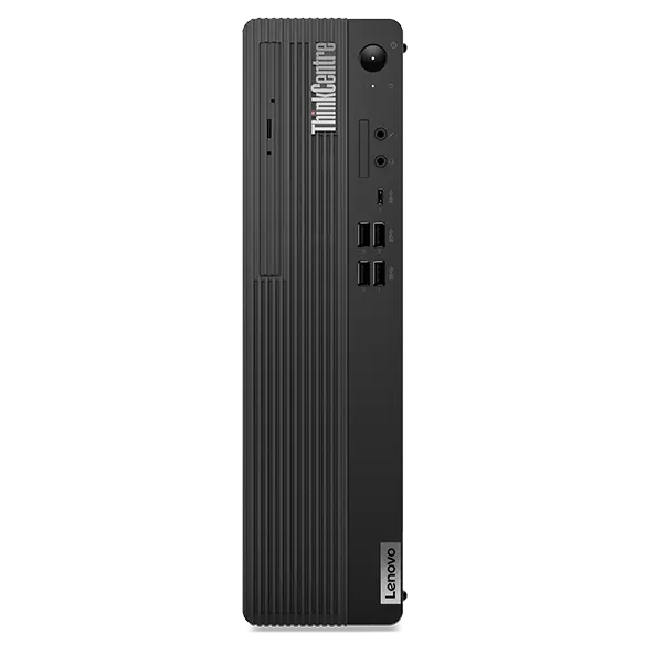 Front facing Lenovo ThinkCentre M70s Gen 5 small form factor desktop, showing power button, ports & slots.