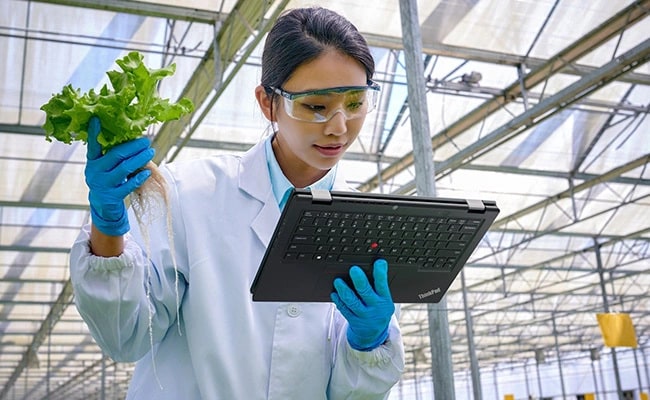 Eine Person, die eine grüne Pflanze in der rechten Hand und das Lenovo ThinkPad L13 2-in-1 Gen 5 Notebook im Tablet-Modus in der linken Hand hält.