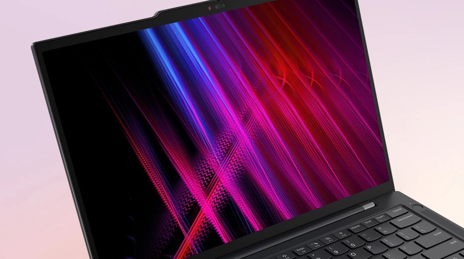 A close-up, cropped image of the Lenovo ThinkPad T14s Gen 6 laptop, zooming in on the colorful lines on the display screen.