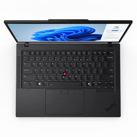 Overhead shot of Lenovo ThinkPad T14 Gen 5 (14” AMD) Eclipse Black laptop with lid opened at 90 degrees, focusing its redesigned keyboard & enlarged touchpad. 
