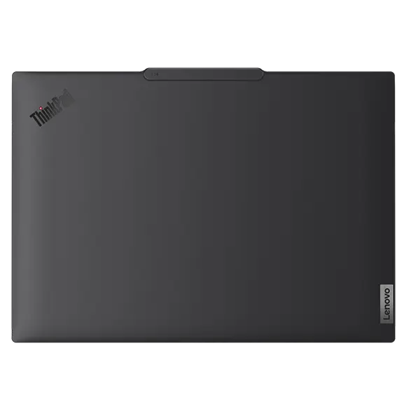 Vue du dessus de l'ordinateur portable Lenovo ThinkPad T14 Gen 5 (14" AMD) Eclipse Black, mettant l'accent sur la barre de communication et montrant les logos ThinkPad et Lenovo.
