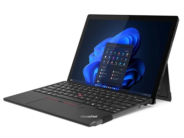 Right side view of the Lenovo ThinkPad X12 Detachable Gen 2 notebook computer, with the body opened 110 degrees to show the home screen, keyboard and stylus.