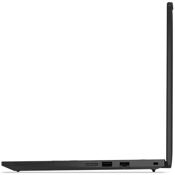 Das Lenovo ThinkPad P14s Gen 5 (14'' AMD) Notebook in Schwarz von rechts, um 90 Grad geöffnet, mit Fokus auf dem schlanken Profil und den sichtbaren Anschlüssen auf der rechten Seite.