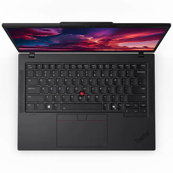 Overhead shot of Lenovo ThinkPad P14s Gen 5 (14'' AMD) black laptop with opened lid, focusing its dynamic keyboard frame & enlarged touchpad, with a wallpaper opened on its 14 inch screen.