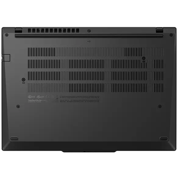 Vue de dessus de l’ordinateur portable Lenovo ThinkPad P14s Gen 5 (14 pouces avec processeur AMD) noir avec capot fermé, mettant en valeur son capot inférieur et des évents d’air arrière bien placés.