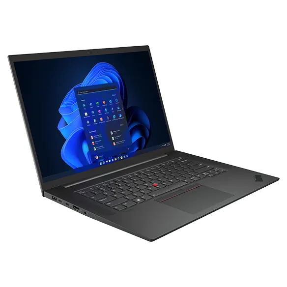Lenovo ThinkPad P1 Gen 5 mobile workstation open 90 degrees, angled to show left-side ports. 