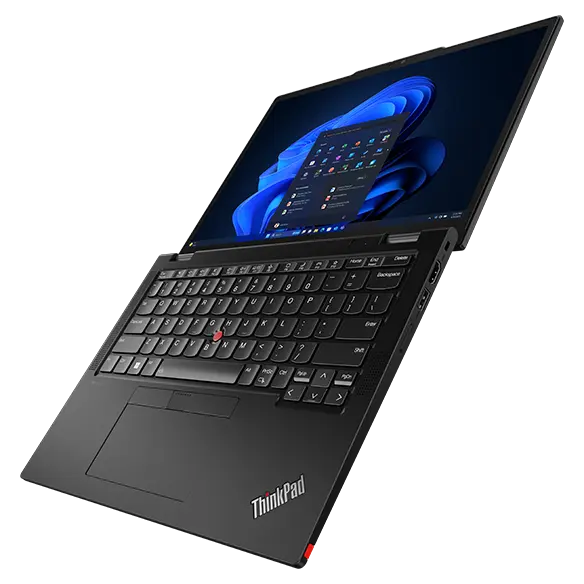 Lenovo ThinkPad X13 2-in-1 Gen 5 laptop, open 180 degrees, angled to show display & keyboard.