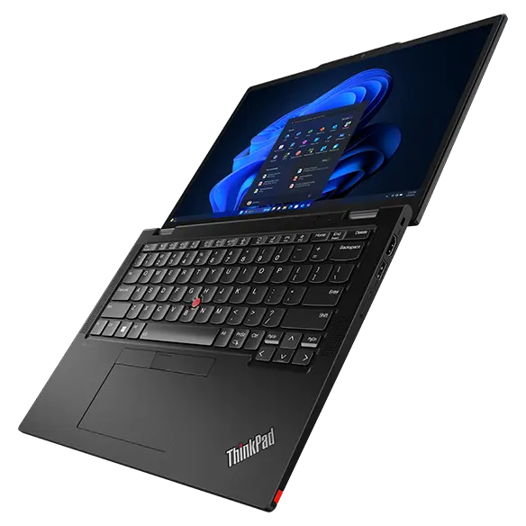 Lenovo ThinkPad X13 2-i-1 Gen 5 bärbar dator, öppen 180 grader, vinklad för att visa skärm och tangentbord.