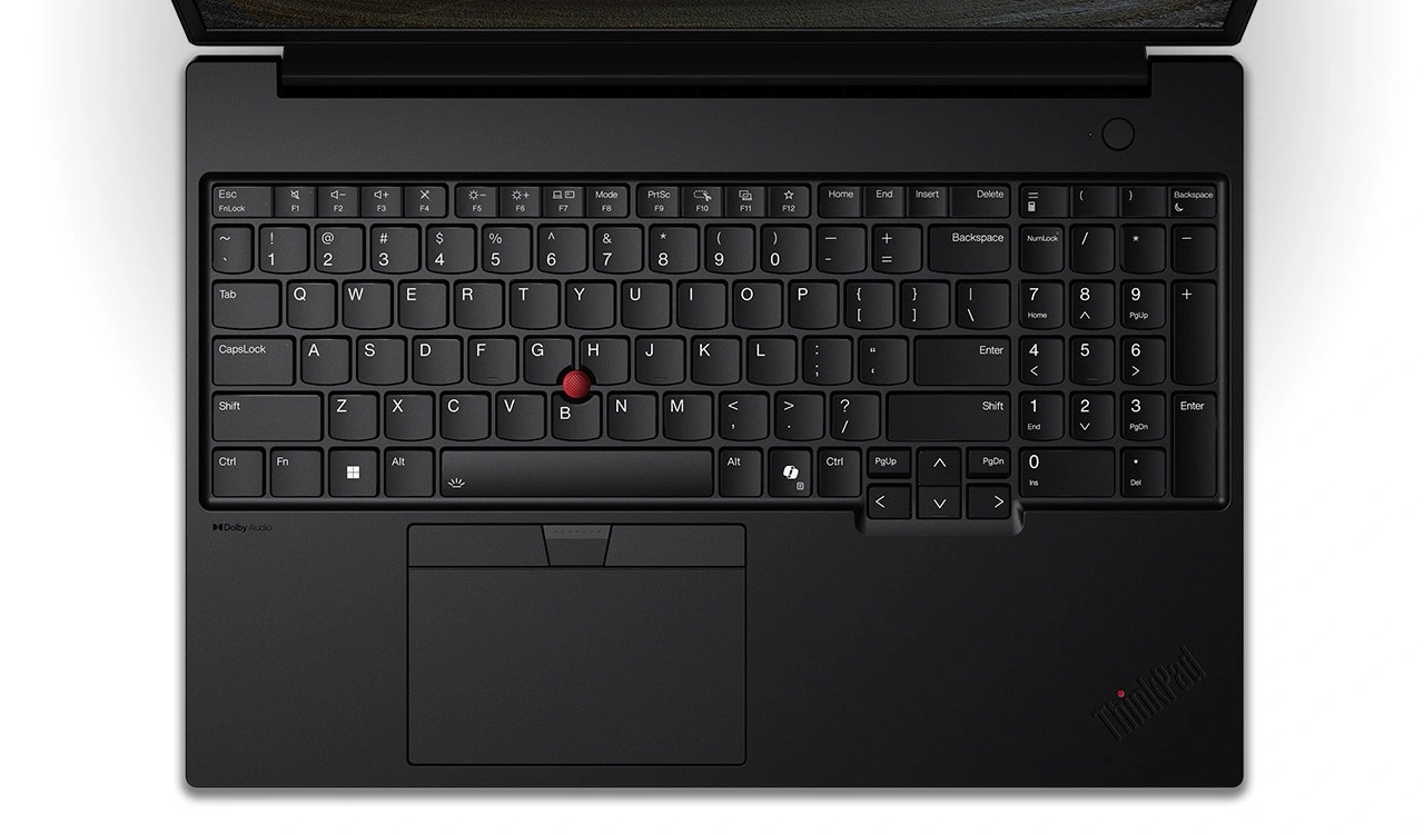 Overhead shot of the Lenovo ThinkPad P16s Gen 3 (16 inch Intel) black laptop’s keyboard built with recycled magnesium-aluminum content, focusing its touchpad with a numeric pad well-placed on the right side.