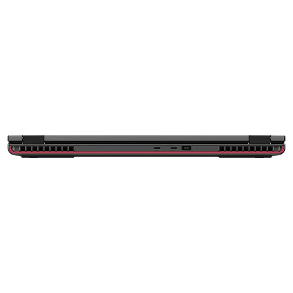 Nahaufnahme der mobilen Workstation Lenovo ThinkPad P16v (16” AMD) von hinten, geschlossen, mit Blick auf die Kanten der oberen und hinteren Abdeckung, die Scharniere und die Anschlüsse an der Rückseite