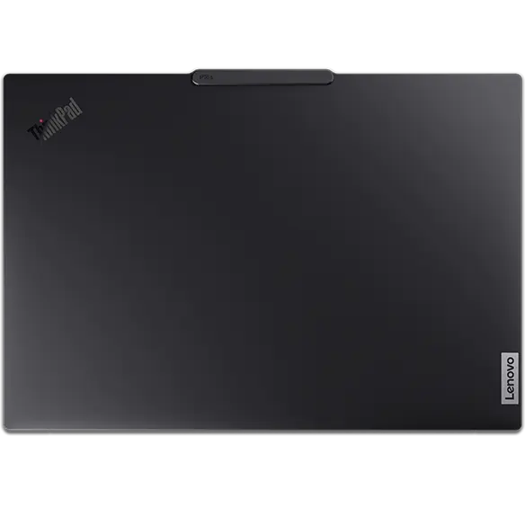 Overhead short of the Lenovo ThinkPad P16s Gen 3 (16 inch Intel) black laptop with closed lid, focusing its top cover & the Communication Bar with visible logos of ThinkPad & Lenovo.