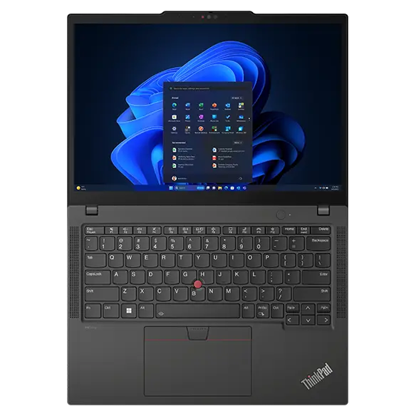 Front facing Lenovo ThinkPad X13 Gen 5 laptop, open 180 degrees, showing display and keyboard.