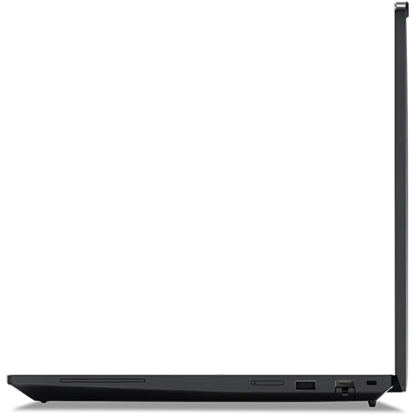 Right side view of Lenovo ThinkPad P16s Gen 3 (16 inch Intel) black laptop opened 90 degrees, focusing its right side sleek profile & visible ports.