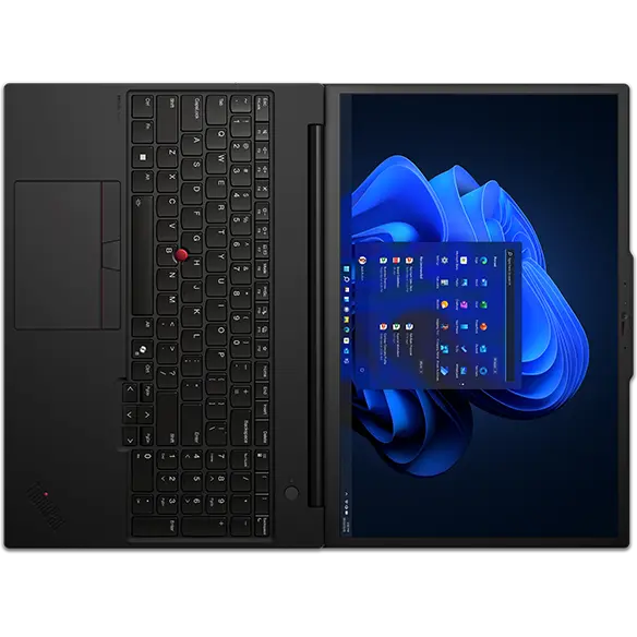 Overhead shot of the Lenovo ThinkPad P16s Gen 3 (16 inch Intel) black laptop opened 180 degrees, placed horizontally, focusing its keyboard & display with a Windows 11 Pro menu opened on the screen.