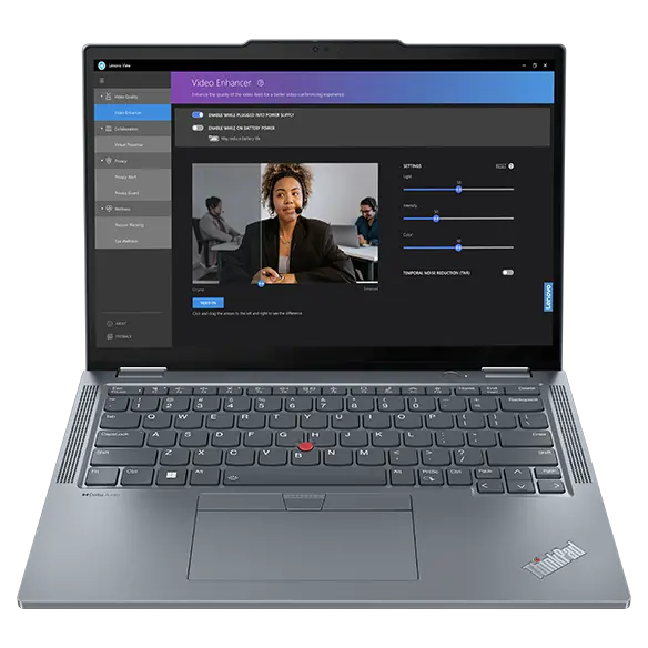 Front view of a ThinkPad X13 Yoga Gen 4 2-in-1 laptop open 90° to show the keyboard and display