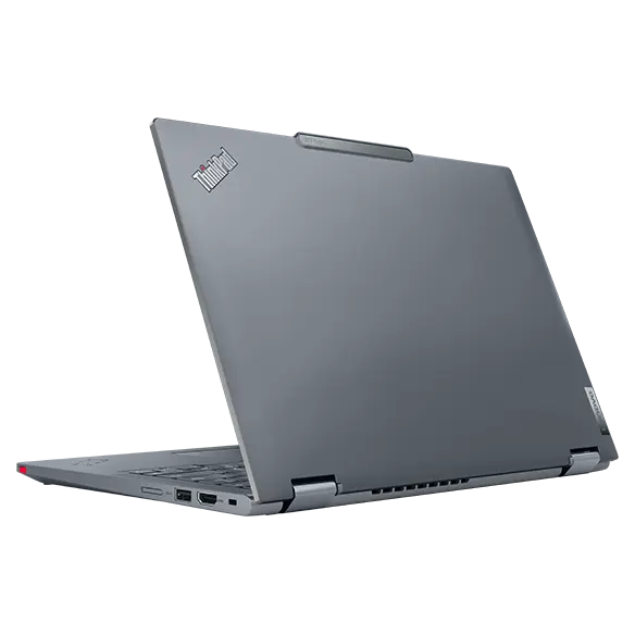 Rear view of a ThinkPad X13 Yoga Gen 4 2-in-1 laptop open 70° highlighting the hinges and some right-side ports