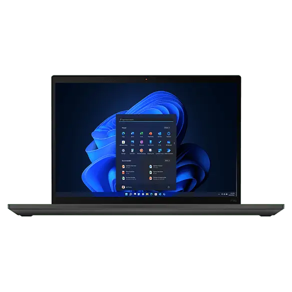Front-facing Lenovo ThinkPad P14s Gen 3 laptop focusing on the 14 inch display showing Windows 11 Pro Start menu.