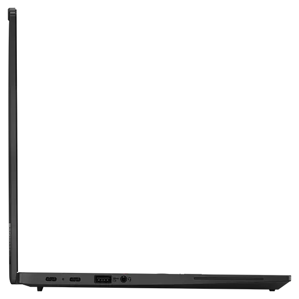 Profil gauche du portable Lenovo ThinkPad X13 Gen 4 ouvert à 90 degrés, montrant les ports et les fentes.