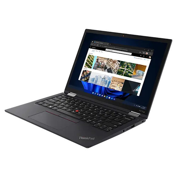 Right side view of ThinkPad X13 Yoga Gen 3 (13&quot; Intel), opened 90 degrees in laptop mode, showing display and keyboard