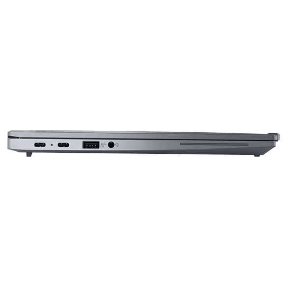 Couvercle fermé, profil gauche du portable Lenovo ThinkPad X13 Gen 4 en gris arctique, montrant les ports et les fentes.
