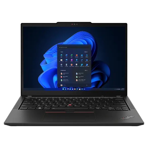Lenovo ThinkPad X13 laptop: Front view, lid open with Windows menu on the display