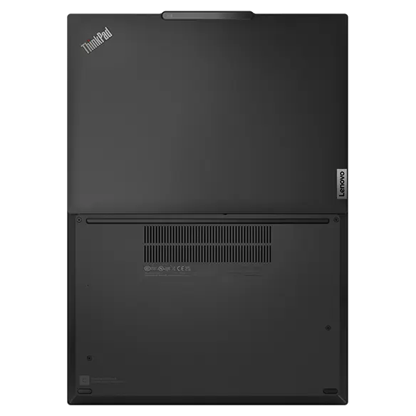 Vue aérienne du portable Lenovo ThinkPad X13 Gen 4 ouvert à 180 degrés, montrant le dessus et le dessous du boîtier.
