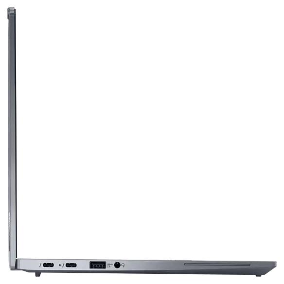 Eye-level left-side profile view of a ThinkPad X13 Gen 4 laptop open 90