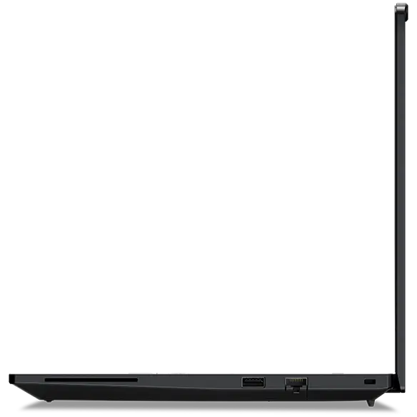Right side view of Lenovo ThinkPad P14s Gen 5 (14 inch Intel) black laptop with lid opened 90 degrees, focusing its right side profile & visible ports.