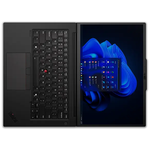 Overhead shot of Lenovo ThinkPad P14s Gen 5 (14 inch Intel) black laptop with lid opened 180 degrees & placed horizontally, focusing its keyboard, touchpad, & display with Windows 11 Pro menu opened on screen.